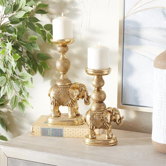 GOLD POLYSTONE ELEPHANT CANDLE HOLDER, SET OF 2 13", 11"H