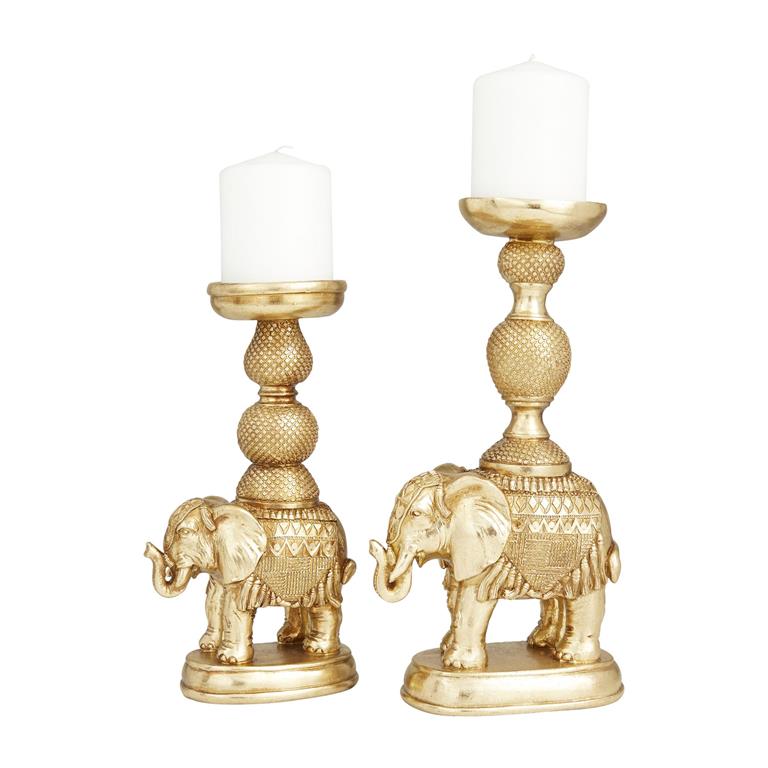 GOLD POLYSTONE ELEPHANT CANDLE HOLDER, SET OF 2 13", 11"H
