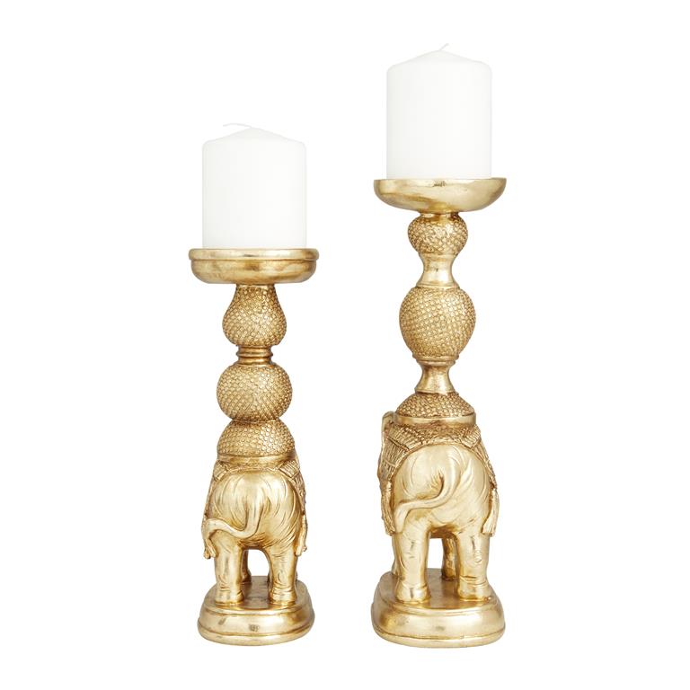 GOLD POLYSTONE ELEPHANT CANDLE HOLDER, SET OF 2 13", 11"H