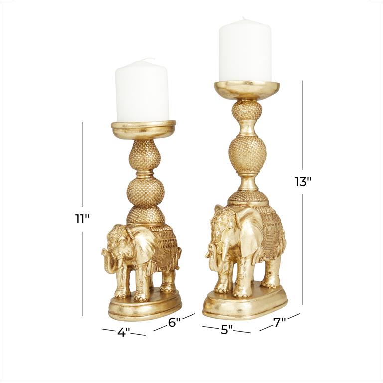 GOLD POLYSTONE ELEPHANT CANDLE HOLDER, SET OF 2 13", 11"H