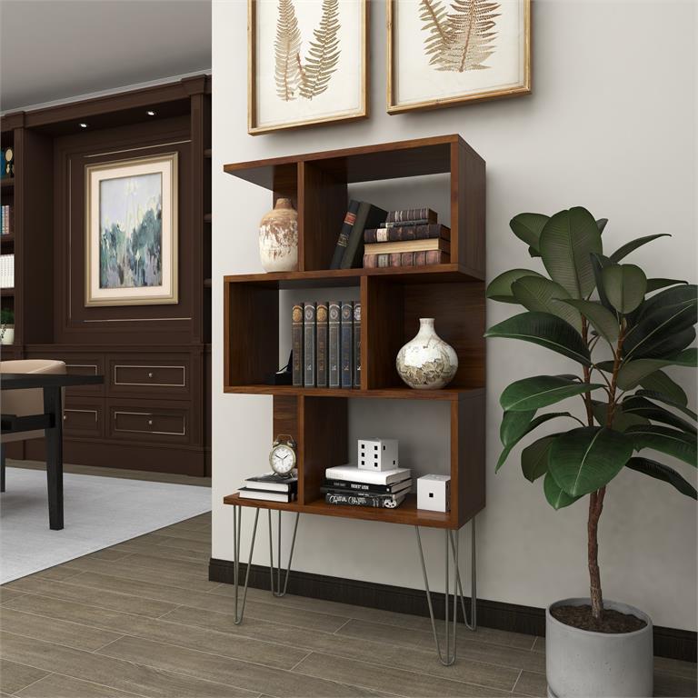 BROWN WOOD 4 SHELF SHELVING UNIT WITH OPEN FRAME DESIGN