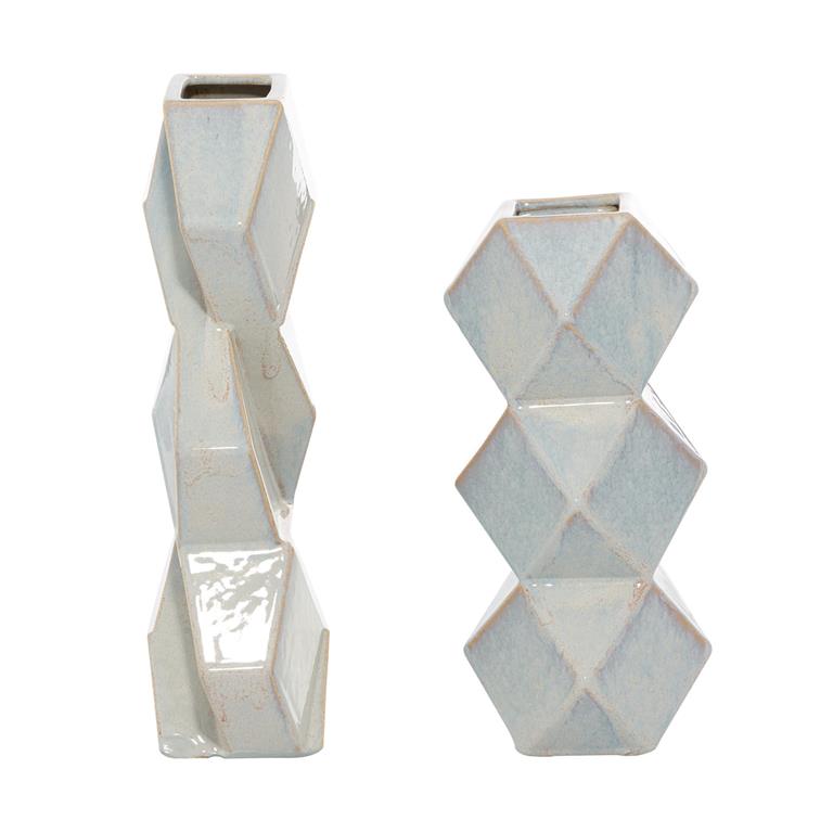 COSMOLIVING BY COSMOPOLITAN BLUE CERAMIC FACETED VASE WITH DIAMOND SHAPES,