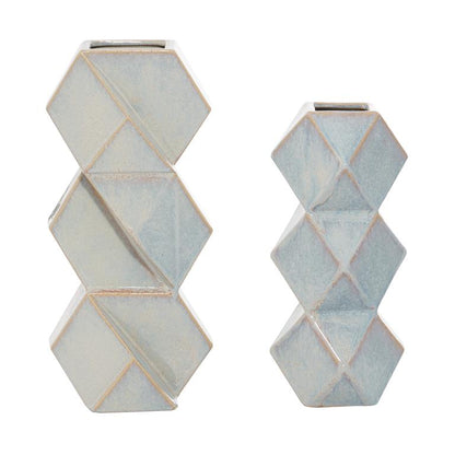 COSMOLIVING BY COSMOPOLITAN BLUE CERAMIC FACETED VASE WITH DIAMOND SHAPES,