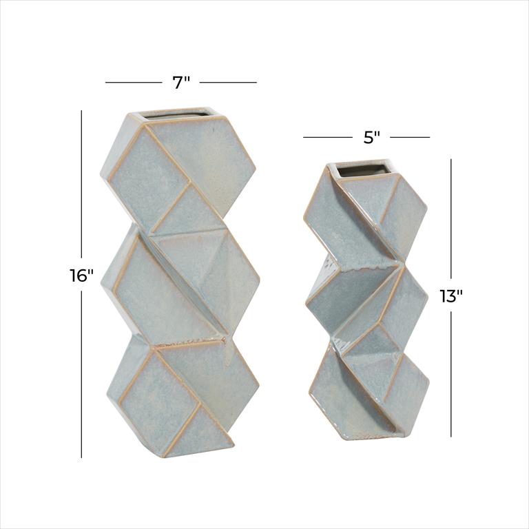 COSMOLIVING BY COSMOPOLITAN BLUE CERAMIC FACETED VASE WITH DIAMOND SHAPES,