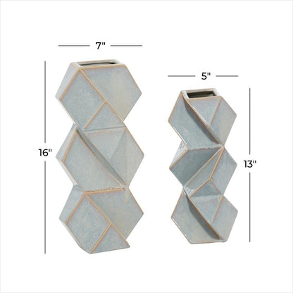 COSMOLIVING BY COSMOPOLITAN BLUE CERAMIC FACETED VASE WITH DIAMOND SHAPES,