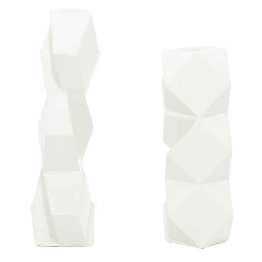 COSMOLIVING BY COSMOPOLITAN WHITE CERAMIC FACETED VASE WITH DIAMOND SHAPES