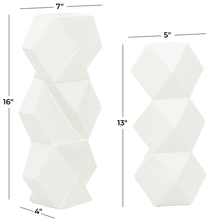 COSMOLIVING BY COSMOPOLITAN WHITE CERAMIC FACETED VASE WITH DIAMOND SHAPES