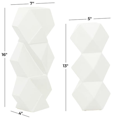 COSMOLIVING BY COSMOPOLITAN WHITE CERAMIC FACETED VASE WITH DIAMOND SHAPES