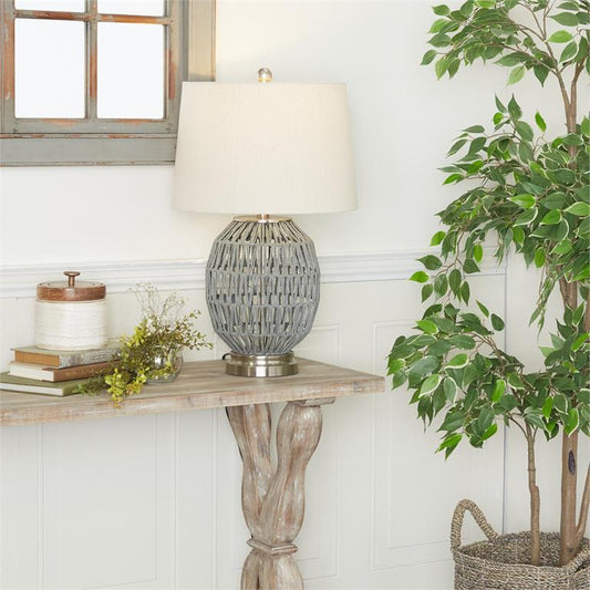 GRAY COTTON TABLE LAMP WITH DRUM SHADE