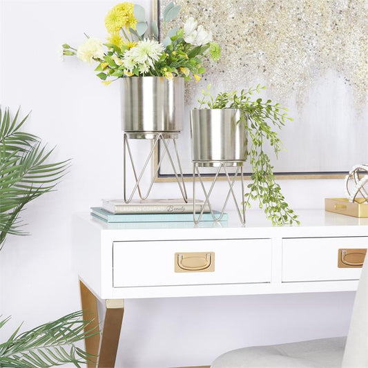 COSMOLIVING BY COSMOPOLITAN SILVER METAL PLANTER WITH REMOVABLE STAND,