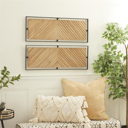 BROWN WOOD GEOMETRIC LINEAR CARVED WALL DECOR WITH BLACK FRAME