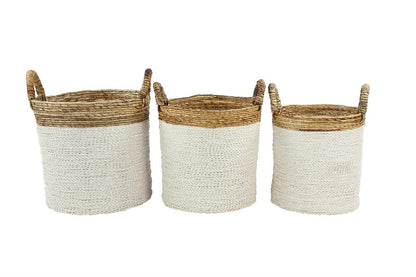 WHITE SEAGRASS HANDMADE TWO TONED STORAGE BASKET WITH HANDLES