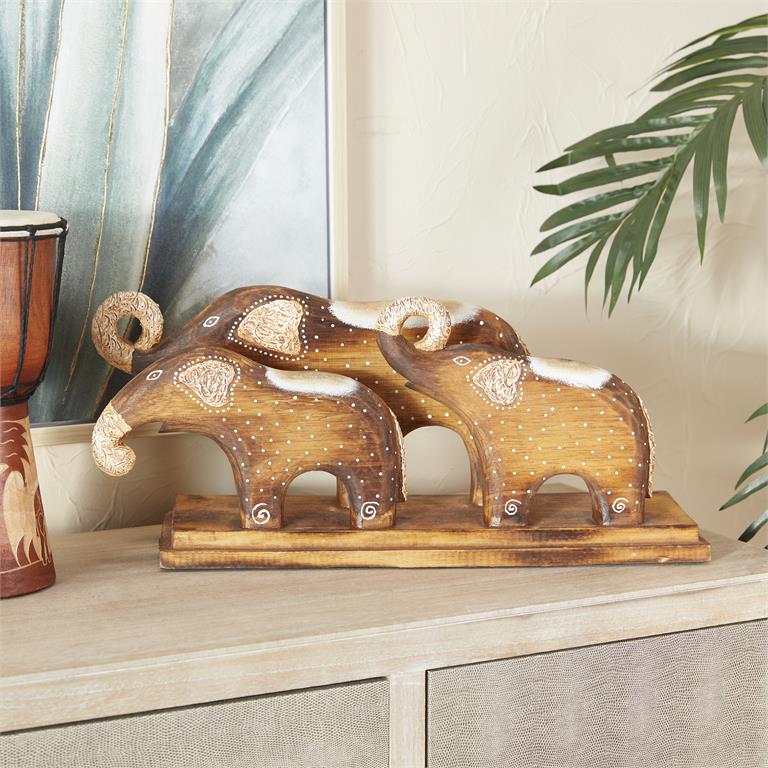 BROWN WOOD RUSTIC ELEPHANT SCULPTURE,