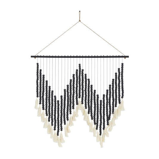 BLACK WOOD MACRAME BEADED WALL DECOR WITH FRINGE TASSELS,