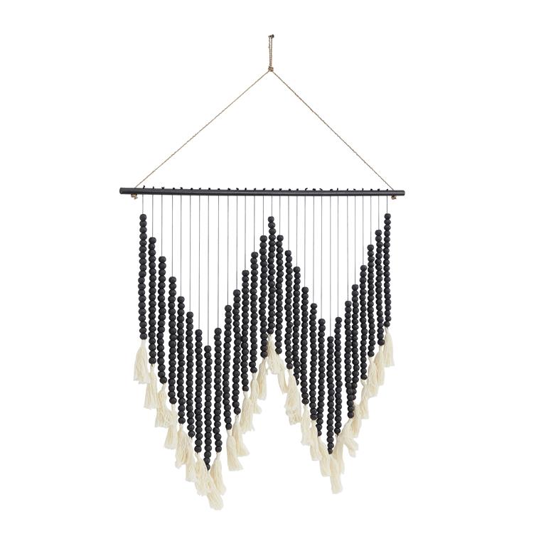 BLACK WOOD MACRAME BEADED WALL DECOR WITH FRINGE TASSELS,