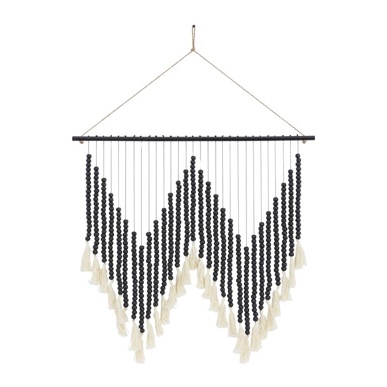 BLACK WOOD MACRAME BEADED WALL DECOR WITH FRINGE TASSELS,