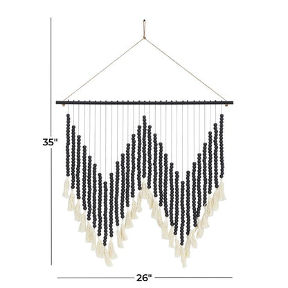 BLACK WOOD MACRAME BEADED WALL DECOR WITH FRINGE TASSELS,