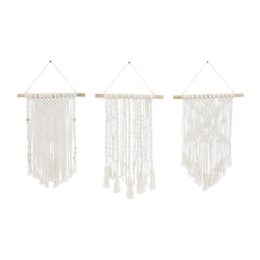 CREAM COTTON MACRAME HANDMADE INTRICATELY WEAVED WALL DECOR WITH BEADED FRINGE TASSELS