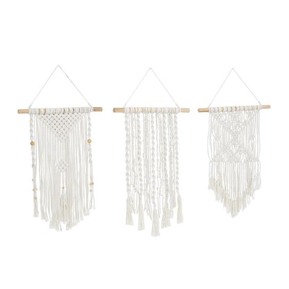 CREAM COTTON MACRAME HANDMADE INTRICATELY WEAVED WALL DECOR WITH BEADED FRINGE TASSELS