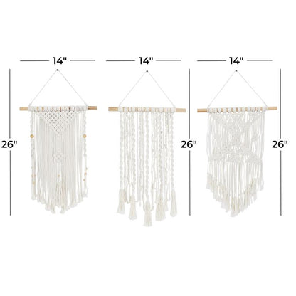 CREAM COTTON MACRAME HANDMADE INTRICATELY WEAVED WALL DECOR WITH BEADED FRINGE TASSELS