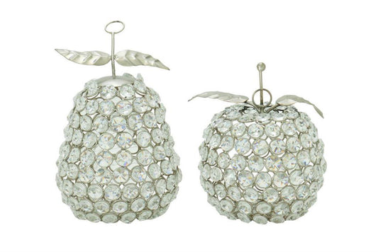 SILVER METAL FRUIT DECORATIVE SCULPTURE WITH CRYSTAL EMBELLISHMENTS