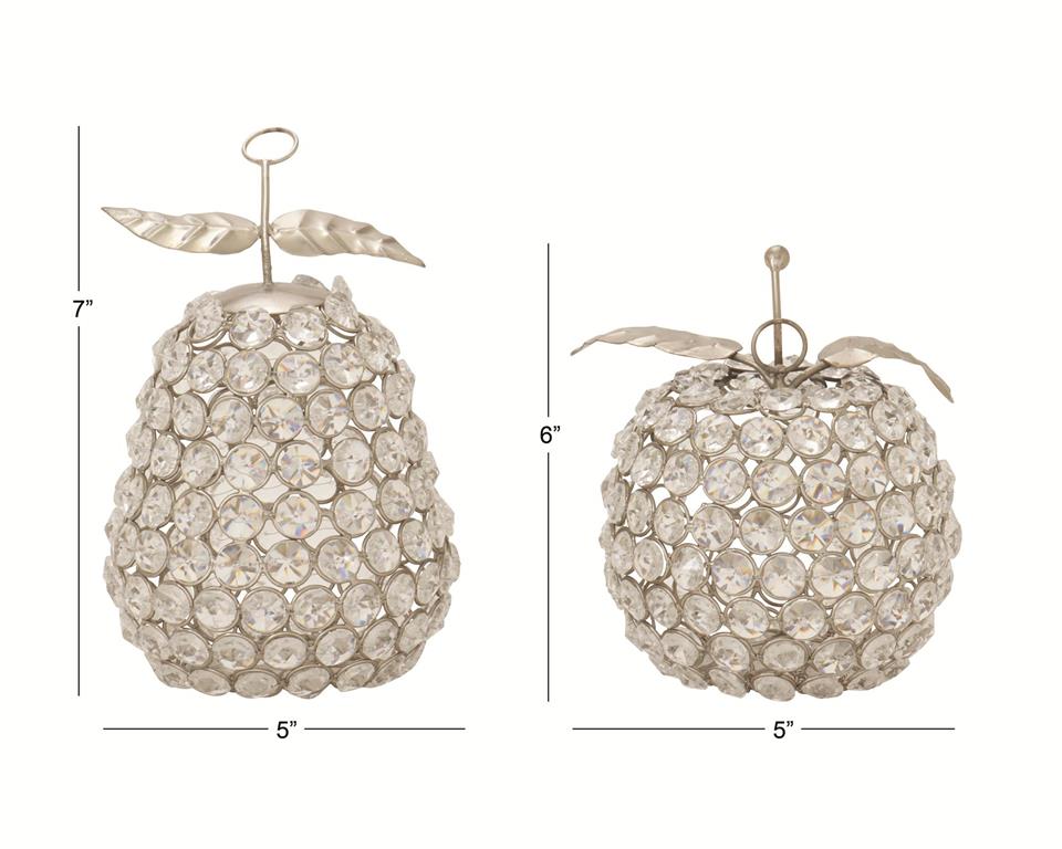 SILVER METAL FRUIT DECORATIVE SCULPTURE WITH CRYSTAL EMBELLISHMENTS