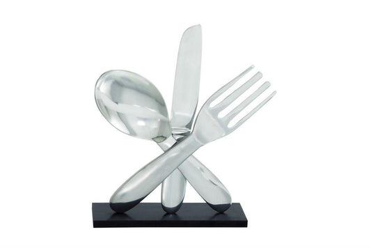 SILVER ALUMINUM UTENSILS SCULPTURE WITH BLACK BASE