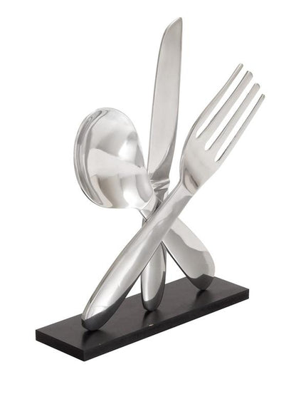 SILVER ALUMINUM UTENSILS SCULPTURE WITH BLACK BASE