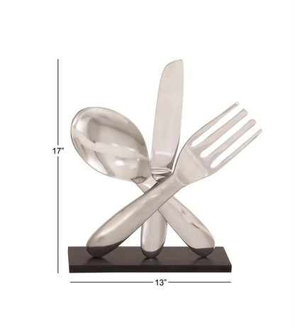 SILVER ALUMINUM UTENSILS SCULPTURE WITH BLACK BASE
