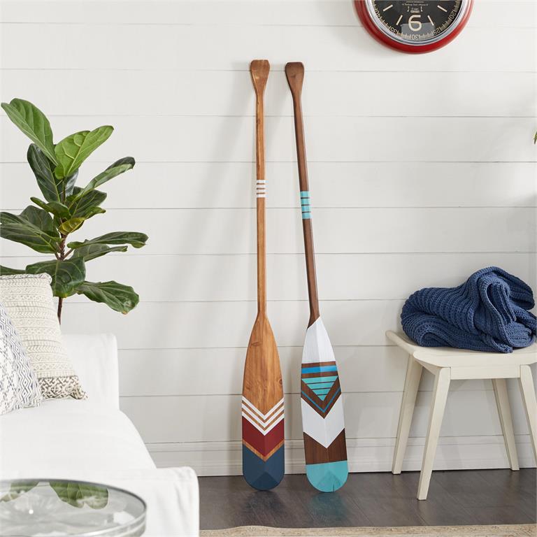 MULTI COLORED WOOD PADDLE NOVELTY CANOE OAR WALL DECOR WITH ARROW AND STRIPE PATTERNS, SET OF 2 6"W, 55"H