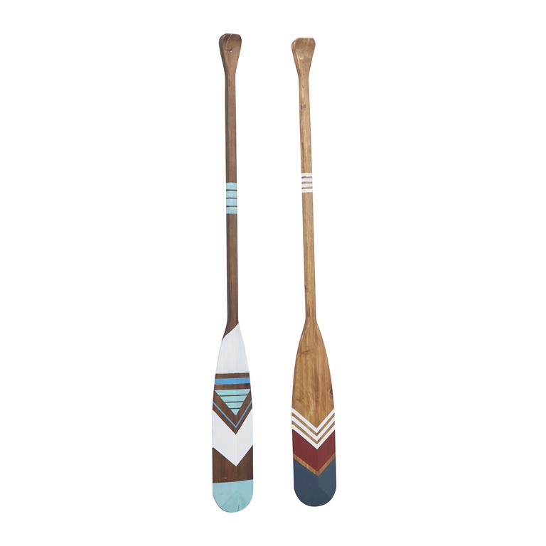 MULTI COLORED WOOD PADDLE NOVELTY CANOE OAR WALL DECOR WITH ARROW AND STRIPE PATTERNS, SET OF 2 6"W, 55"H