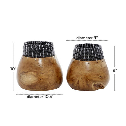 BROWN WOOD HANDMADE VASE WITH SEAGRASS ACCENTS