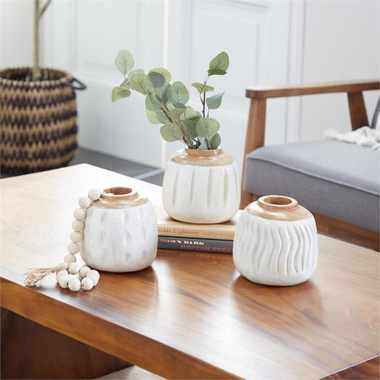 WHITE TEAK WOOD HANDMADE VASE,