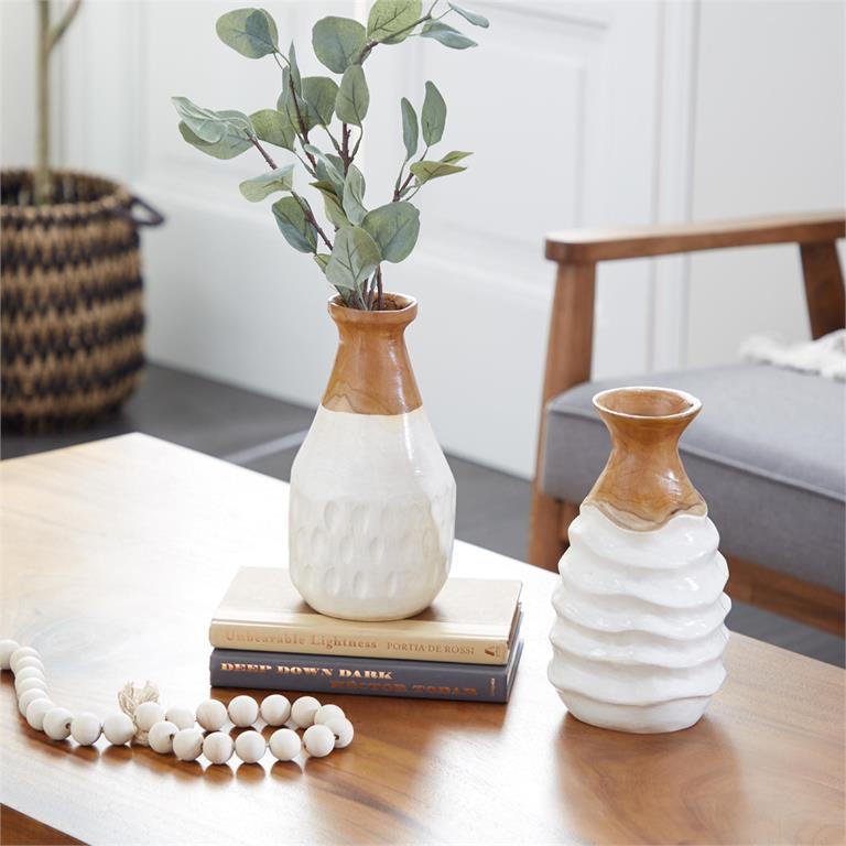 1 PIECE WHITE TEAK WOOD HANDMADE VASE WITH RIPPLE TEXTURE