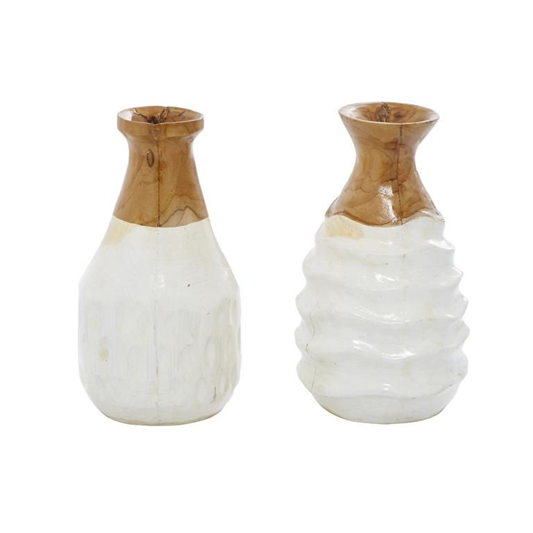 1 PIECE WHITE TEAK WOOD HANDMADE VASE WITH RIPPLE TEXTURE