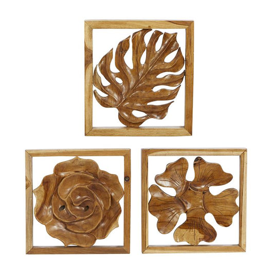 BROWN TEAK WOOD FLORAL HANDMADE FRAMED CARVED LEAF AND WALL DECOR