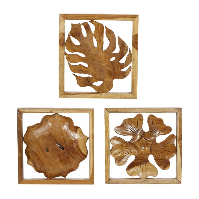 BROWN TEAK WOOD FLORAL HANDMADE FRAMED CARVED LEAF AND WALL DECOR