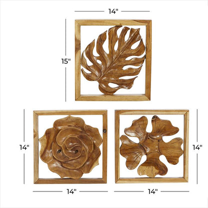 BROWN TEAK WOOD FLORAL HANDMADE FRAMED CARVED LEAF AND WALL DECOR