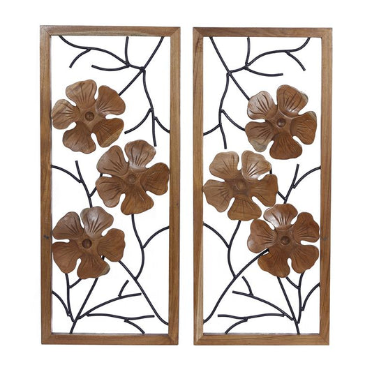 BROWN TEAK WOOD FLORAL HANDMADE FRAMED CARVED WALL DECOR WITH METAL WIRE, SET OF 2