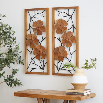 BROWN TEAK WOOD FLORAL HANDMADE FRAMED CARVED WALL DECOR WITH METAL WIRE, SET OF 2