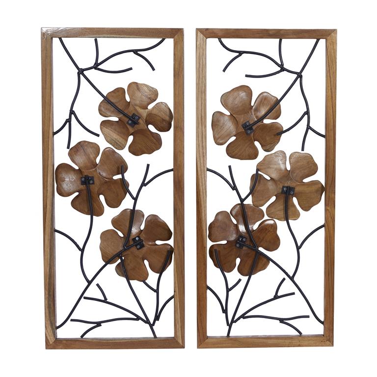 BROWN TEAK WOOD FLORAL HANDMADE FRAMED CARVED WALL DECOR WITH METAL WIRE, SET OF 2