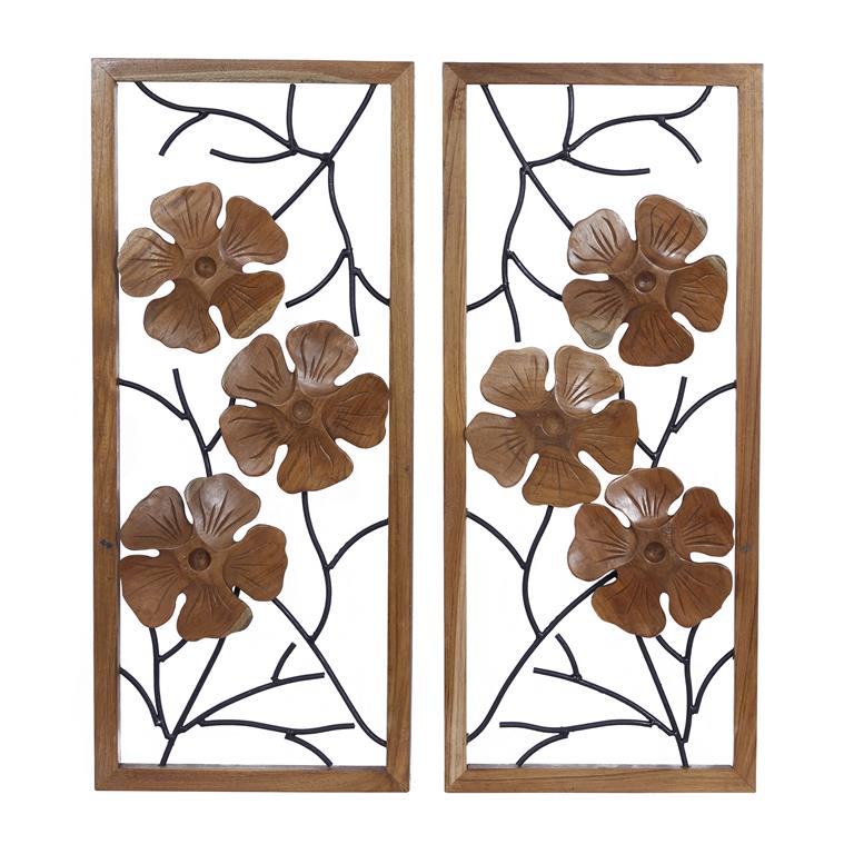 BROWN TEAK WOOD FLORAL HANDMADE FRAMED CARVED WALL DECOR WITH METAL WIRE, SET OF 2