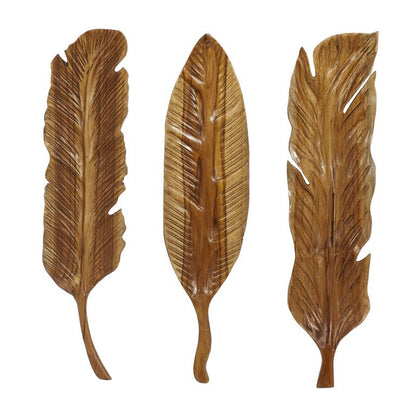 BROWN TEAK WOOD BIRD HANDMADE CARVED FEATHER WALL DECOR