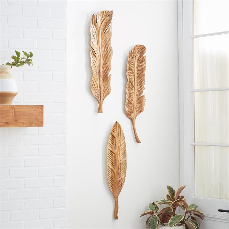 BROWN TEAK WOOD BIRD HANDMADE CARVED FEATHER WALL DECOR