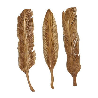 BROWN TEAK WOOD BIRD HANDMADE CARVED FEATHER WALL DECOR