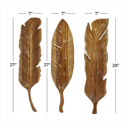 BROWN TEAK WOOD BIRD HANDMADE CARVED FEATHER WALL DECOR