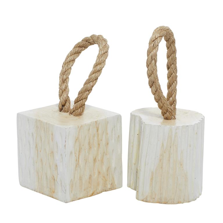 WHITE TEAK WOOD GEOMETRIC HANDMADE DOOR STOPPER SCULPTURE WITH ROPE ACCEN