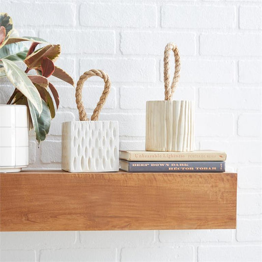 WHITE TEAK WOOD GEOMETRIC HANDMADE DOOR STOPPER SCULPTURE WITH ROPE ACCEN