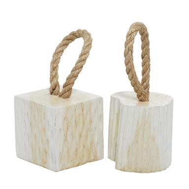 WHITE TEAK WOOD GEOMETRIC HANDMADE DOOR STOPPER SCULPTURE WITH ROPE ACCEN