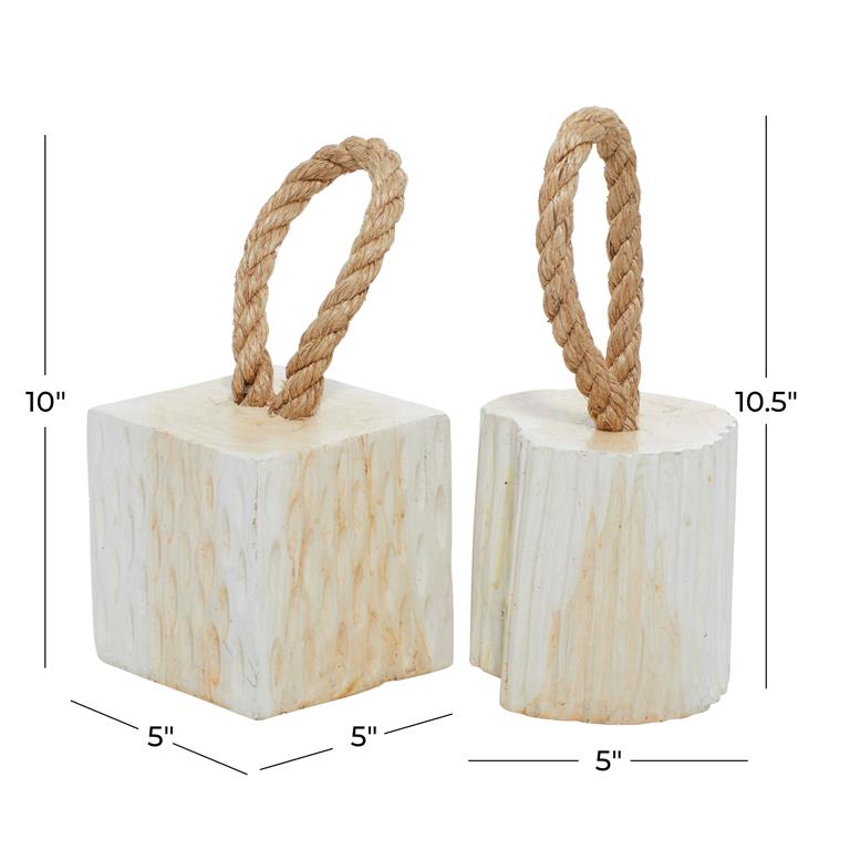 WHITE TEAK WOOD GEOMETRIC HANDMADE DOOR STOPPER SCULPTURE WITH ROPE ACCEN